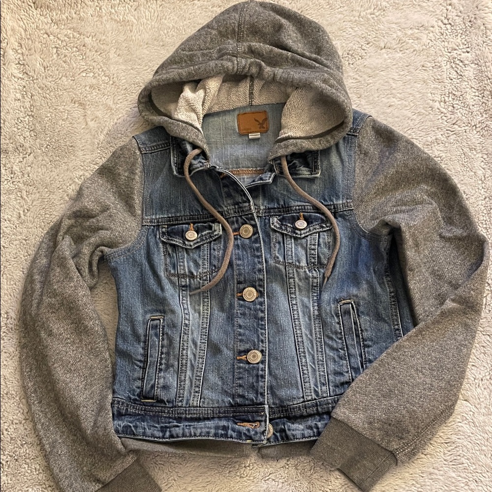 American Eagle Tween Denim and Gray Hooded Jacket SZ S